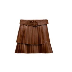 Faux Leather Pleated Mini Skirt - Whiskey